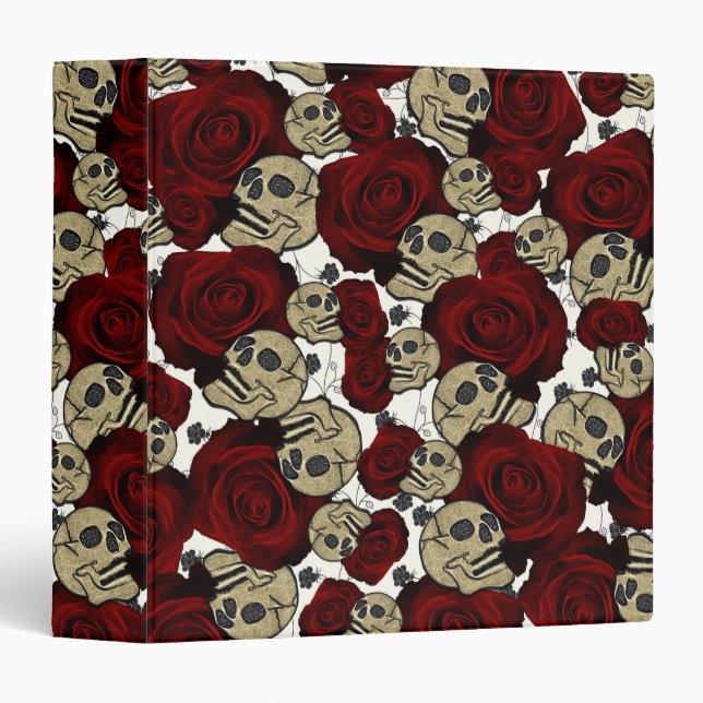 Classeur Roses et crânes rouges Noir Floral Blanc gothique (Devant/Côté)