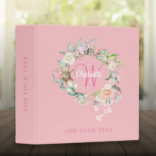 Classeur Roses Fleurs Monogramme Rose Pâle Bureau École