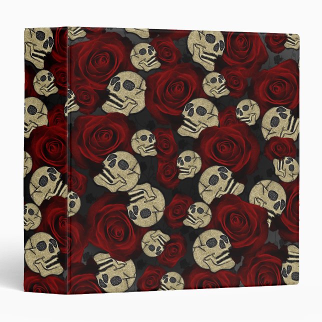 Classeur Roses rouges et crânes gris noir floral gothique (Devant/Côté)