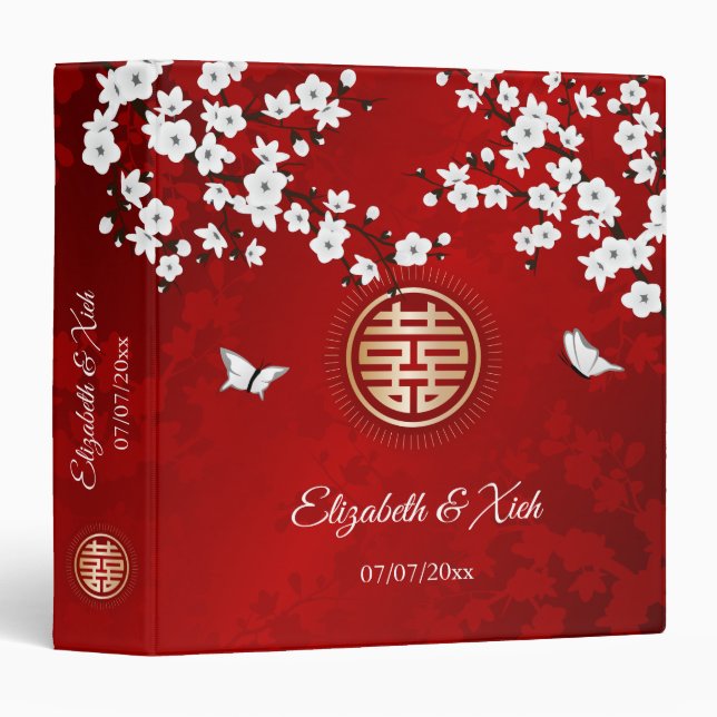 Classeur Rouge blanc fleurs de cerisiers | Mariage chinois (Devant/Côté)
