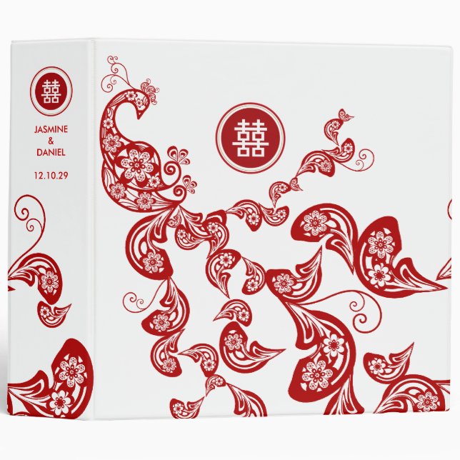 Classeur Rouge Floral Peacock Double Bonheur Mariage asiati (Devant/Côté)