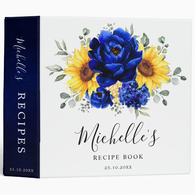 Classeur Royal Blue Rustic Sunflower Livre de recettes mode (Devant/Côté)
