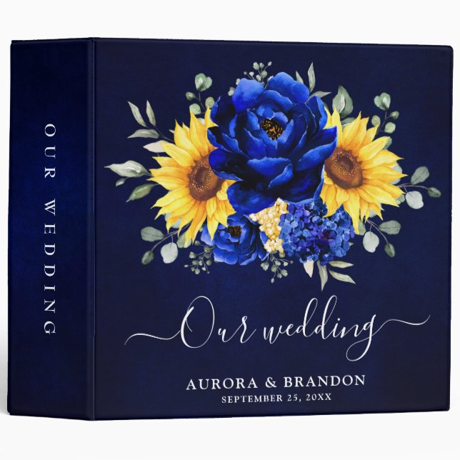 Classeur Royal Blue Rustic Tournesol Moderne Floral Mariage (Devant/Côté)