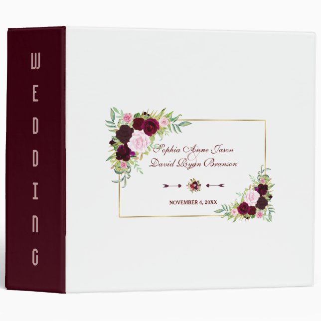 Classeur Royal Burgundy Marsala Floral Mariage (Devant/Côté)