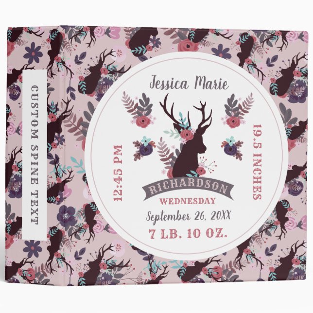 Classeur Rustic Deer Head Baby Book Girls Birth Stats Album (Devant/Côté)
