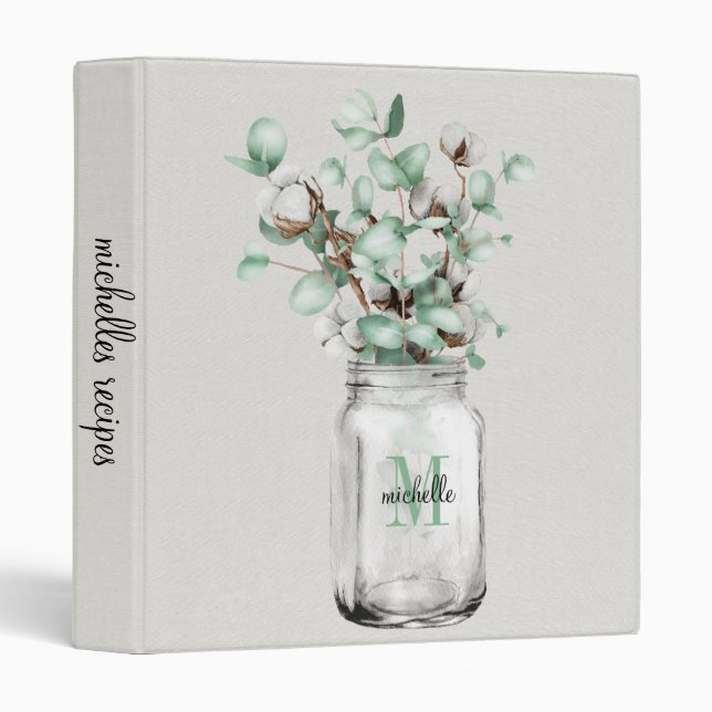 Classeur Rustic Mason Jar Monogramme Recette de cuisine (Devant/Côté)