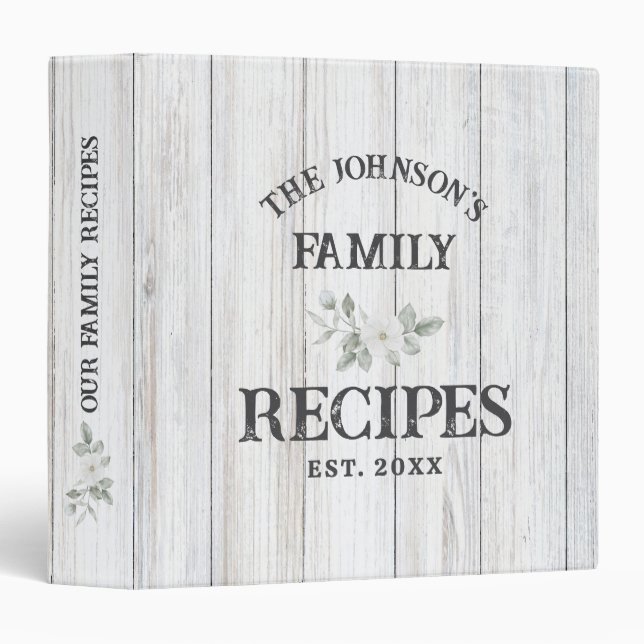 Classeur Rustic White Wood Family Recipes (Devant/Côté)