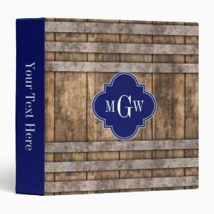 Classeur Rustic Wood Metal Band Navy Quatrefoil 3 monogram