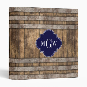 Classeur Rustic Wood Metal Band Navy Quatrefoil 3 monogram