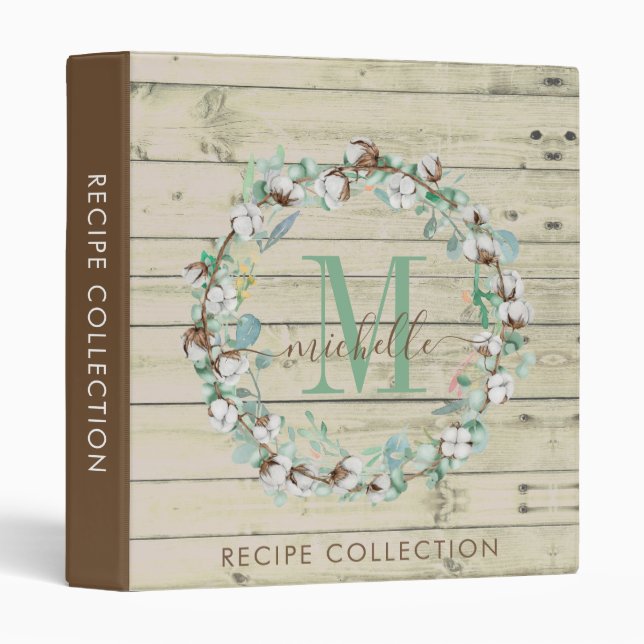 Classeur Rustique Aquarelle couronne Monogramme Cuisine Rec (Devant/Côté)