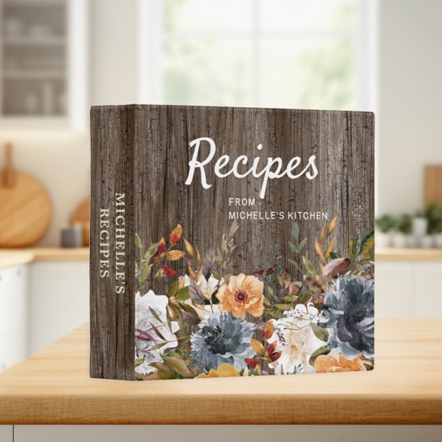 Classeur Rustique Bois Bleu Blanc Floral Recette Livre de r (Blue, peach, white floral on rustic wood custom recipe notebook)