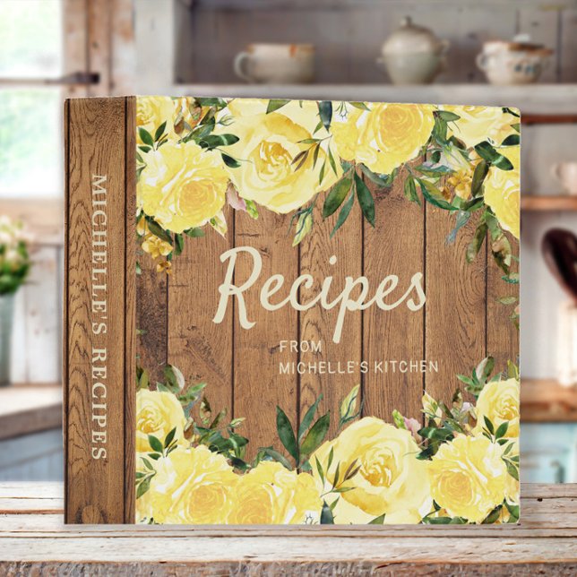 Classeur Rustique Bois Jaune Floral Recette livre de recett (Rustic wood and yellow floral custom recipe binder)