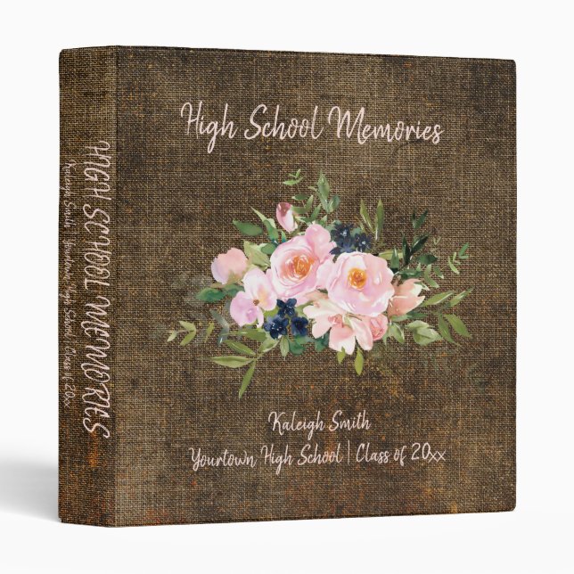 Classeur Rustique Burlap Rose Floral High School souvenirs (Devant/Côté)