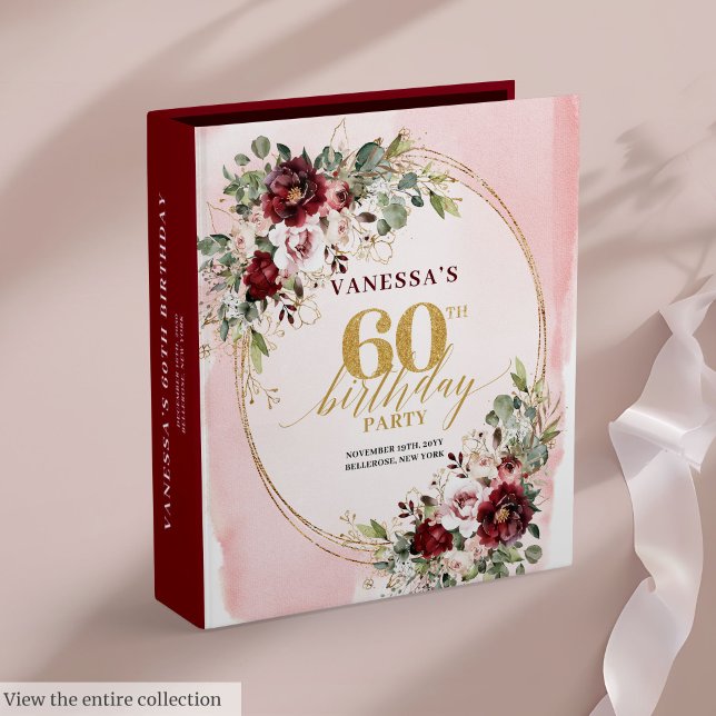 Classeur Rustique Chic Bohème Bourguignon Doré Floral 60 An (Rustic Chic Boho Burgundy Gold Floral 60 Birthday 3 ring binder)