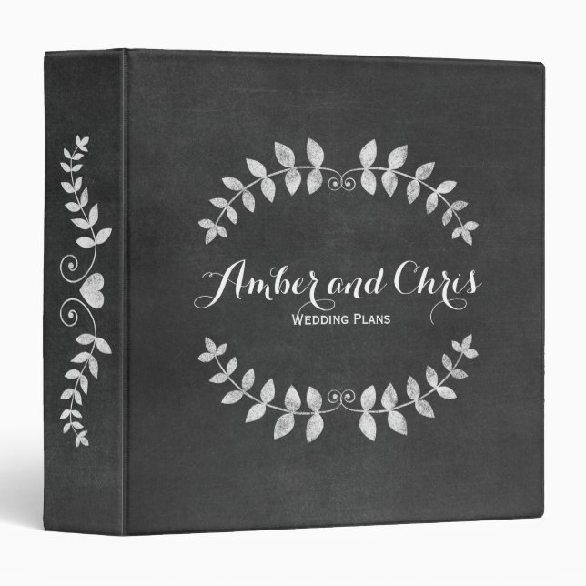 Classeur Rustique Floral Chalkboard noir et blanc Mariage (Devant/Côté)