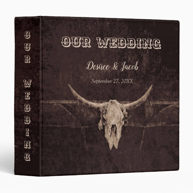 Classeur Rustique Notre Mariage Western Texture Taureau crâ (Devant/Côté)