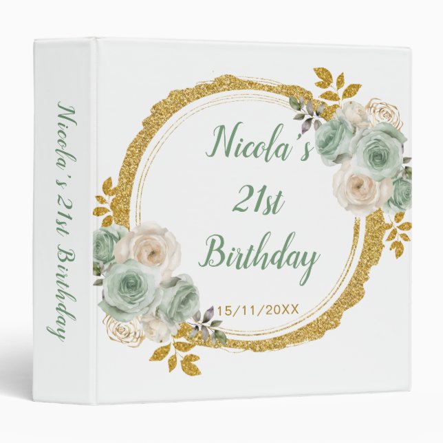 Classeur Sage Green and Gold Elegant Flowers Birthday Photo (Devant/Côté)