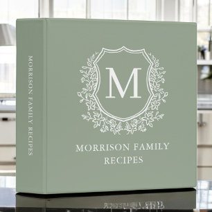 Classeur Sage Green Crest Floral Monogramme Famille Recette
