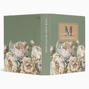 Classeur Sage Green et Blush Peonies Nom du script Monogram