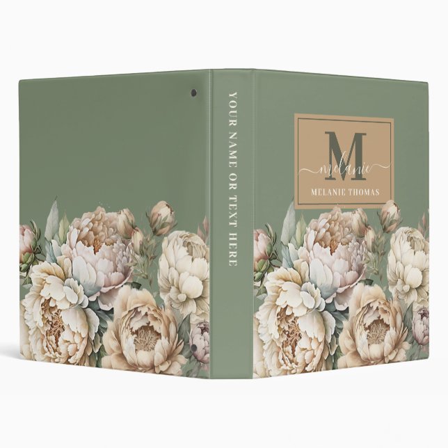 Classeur Sage Green et Blush Peonies Nom du script Monogram (Arrière-plan)