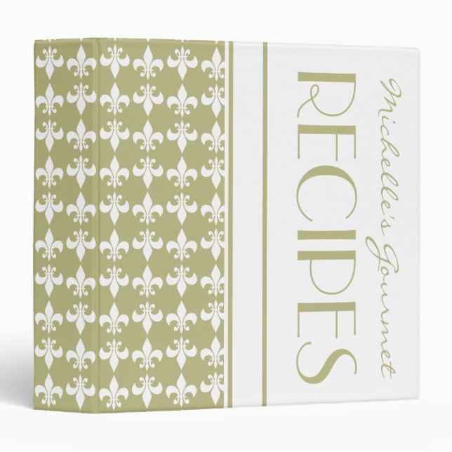 Classeur Sage Green Fleur de Lis Motif Monogramme Recette (Devant/Côté)