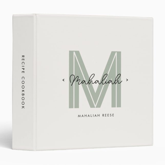 Classeur Sage Green Nom du script Monogram Cuisine Recette (Devant/Côté)