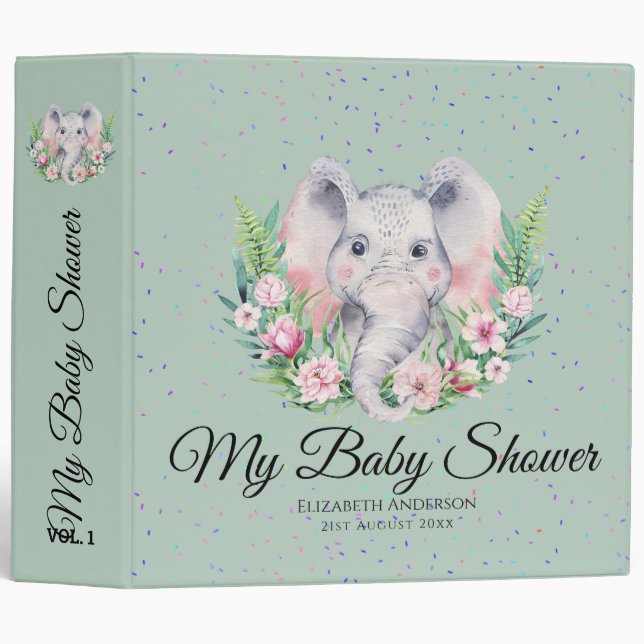 Classeur Saupoudrer le BABY SHOWER éléphant Notes du planif (Devant/Côté)