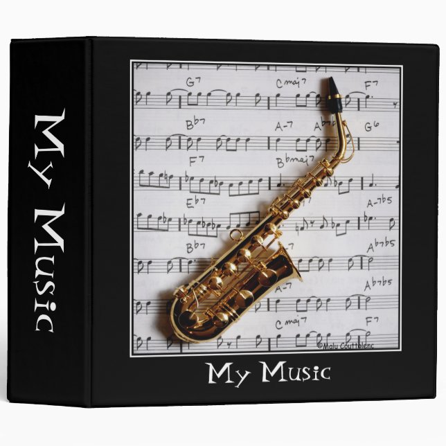 Classeur Saxophone on Music Sheet - Elegant Jazz Binder (Devant/Côté)