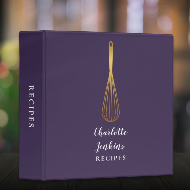 Classeur Script de recette de fouet doré violet élégant (Elegant Purple Gold Whisk Recipe Script 3 Ring Binder)