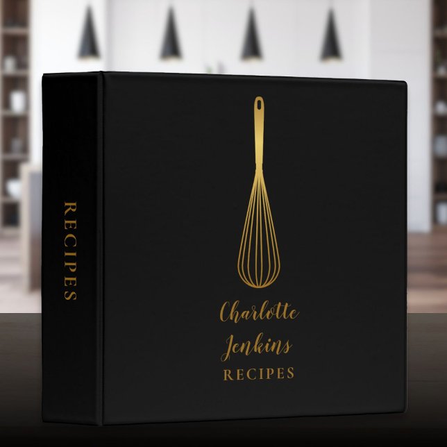 Classeur Script de recette de fouet noir élégant or (Elegant Black Gold Whisk Recipe Script 3 Ring Binder)
