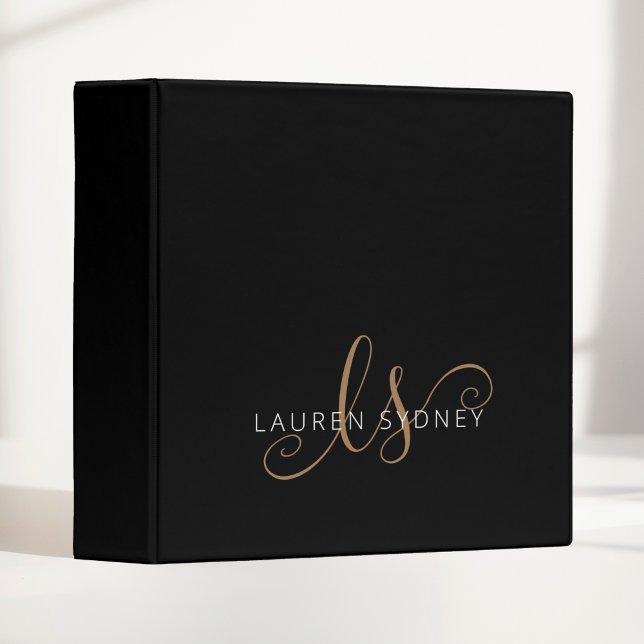 Classeur Script féminin Black Gold moderne Monogramme (Créateur téléchargé)