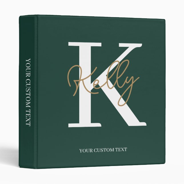Classeur Script moderne Emerald Green Monogram (Devant/Côté)