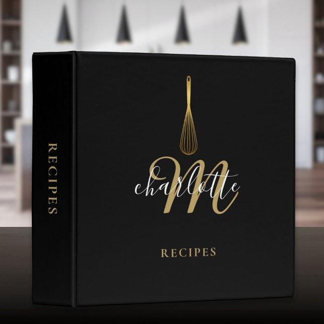 Classeur Script Monogramme Black Gold Whisk Recette (Script Monogram Black Gold Whisk Recipe 3 Ring Binder)