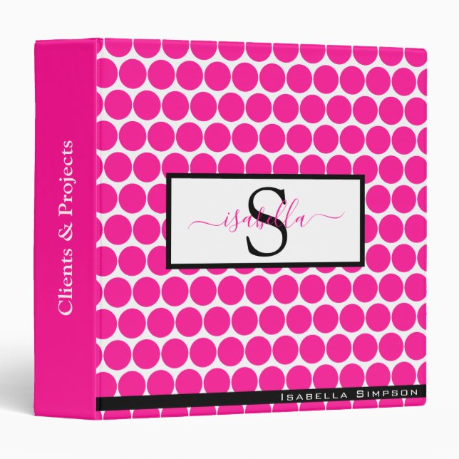 Classeur Script monogramme Fuchsia rose noir (Devant/Côté)