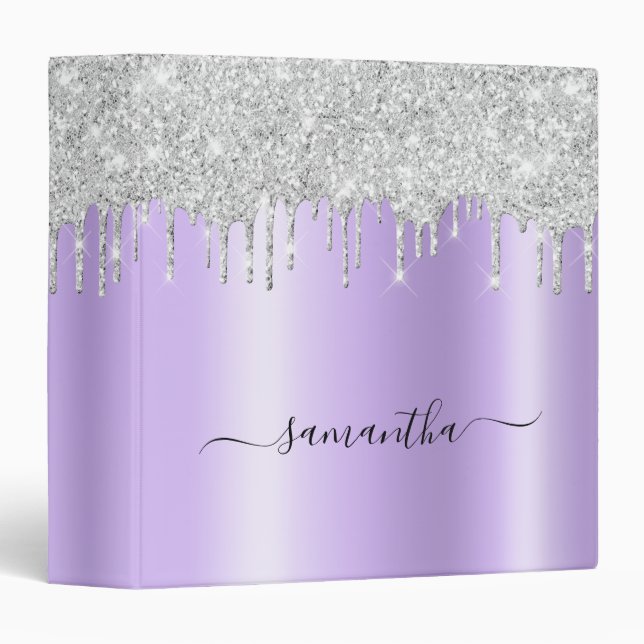 Classeur Silver Glitter Drips Lavender Shimmer Glam Name (Devant/Côté)