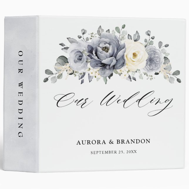Classeur Silver Grey Ivory Floral hiver Rustique Mariage (Devant/Côté)