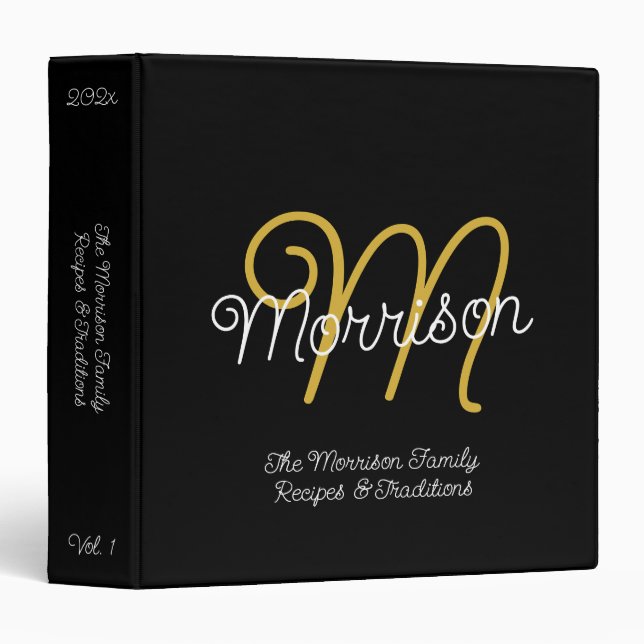 Classeur Simple Black & Gold Retro Script Monogramme Recett (Devant/Côté)