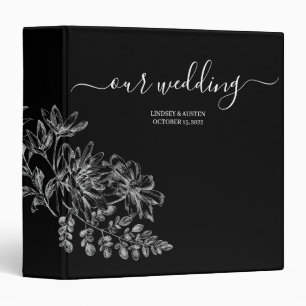 Classeur Simple élégant floral noir Mariage de script blanc