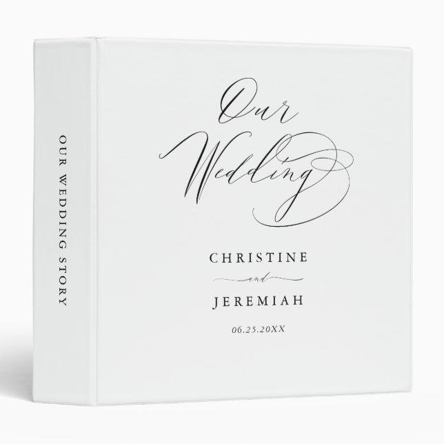 Classeur Simple Noir Blanc Élégant Script Mariage Album (Devant/Côté)