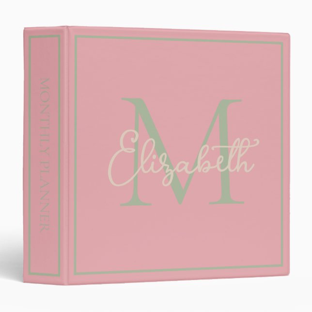 Classeur Simple rose Sage vert et crème Monogramme (Devant/Côté)