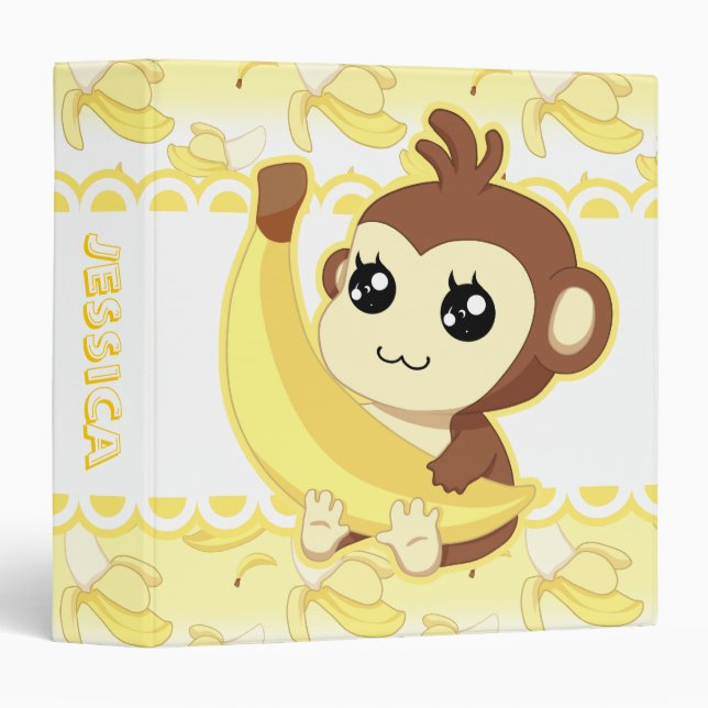 Classeur Singe mignon de Kawaii tenant la banane (Devant/Côté)