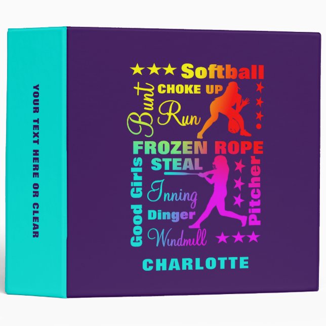 Classeur Softball Sports Termes Rainbow Cool Typographie (Devant/Côté)