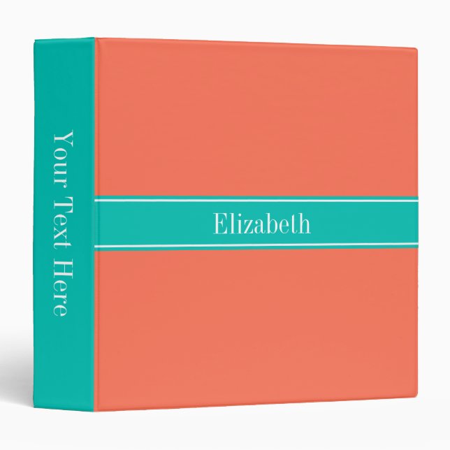 Classeur Solid Coral, Teal Ribbon Nom Monogram (Devant/Côté)