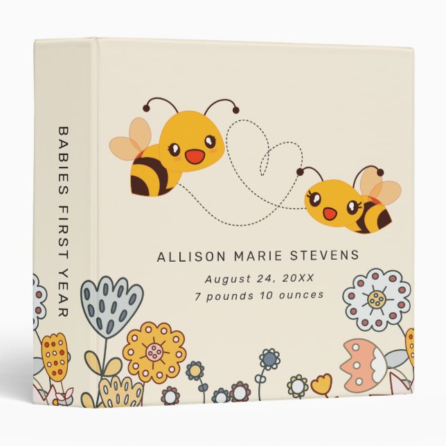 Classeur Statistiques de naissance Abeilles mignonnes et fl (Devant/Côté)