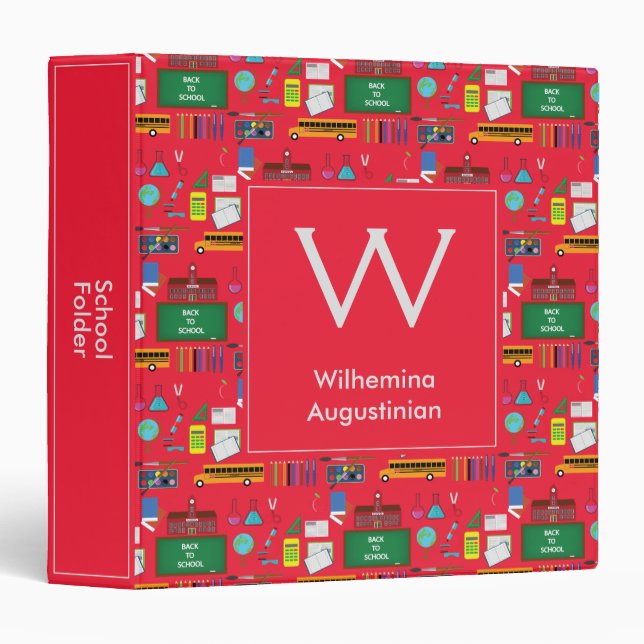 Classeur Sujets de l'ÉCOLE Monogramme personnalisée Rouge (Devant/Côté)