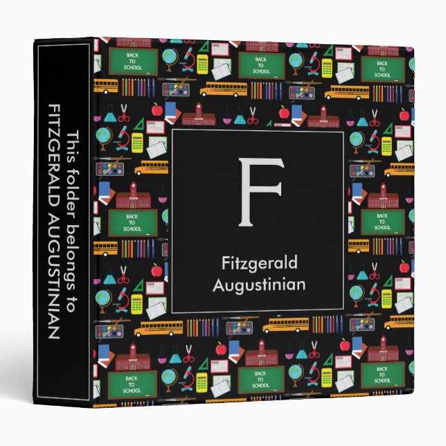 Classeur SUJETS SCOLAIRES Monogrammes personnalisés Noir (Devant/Côté)