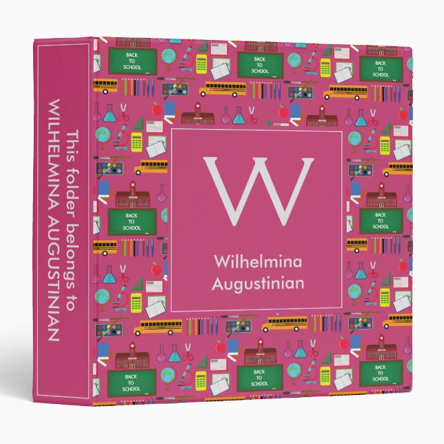 Classeur SUJETS SCOLAIRES Monogrammes personnalisés rose (Devant/Côté)