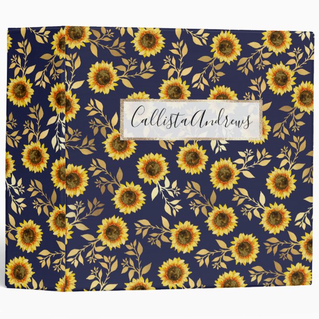 Classeur Sunny Yellow Gold Navy Feuille Motif (Devant/Côté)