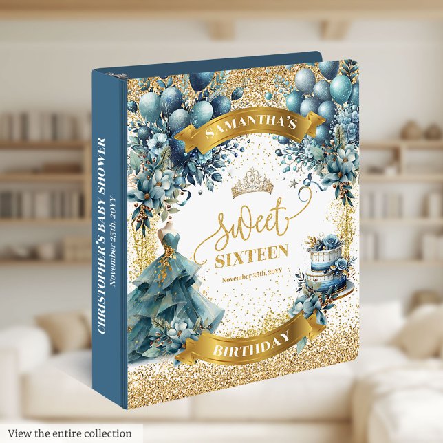 Classeur Sweet 16 Robe Bleue Parties scintillant Or Keepsak (Sweet 16 Blue Dress Gold Glitter Keepsake Album 3 ring binder)