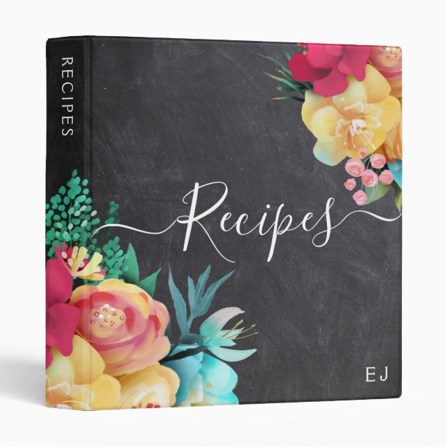 Classeur Tableau noir Gras Florals Monogramme Recette (Devant/Côté)